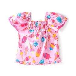 Babyhug Half Sleeves Top with Smocking & Ice Cream Print - Pink