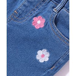 Babyhug Cotton Blend Three Fourth Length Stretchable Washed Denim Capri Floral Embroidery - Blue