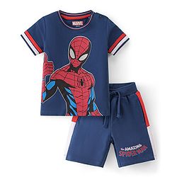 Babyhug Marvel 100% Cotton Knit Single Jersey Half Sleeve T-Shirt & Shorts With Spiderman Graphics - Navy Blue & Red