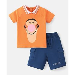 Babyhug Disney 100% Cotton Knit Single Jersey Half Sleeves T-Shirt & Shorts With Tigger Graphics - Orange & Navy Blue
