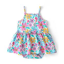 Babyhug 100% Cotton Knit Singlet Sleeves Floral Printed Frock Style Onesie - Multicolour
