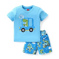 Babyhug Cotton Knit Half Sleeves Shorts Night Suit Dino Print - Blue