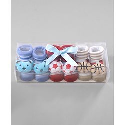 Cute Walk by Babyhug Ankle Length Striped Socks with Bear Applique Pack of 3 - Khaki Red & Blue