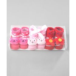 Cute Walk by Babyhug Ankle Length Socks Animal Applique Pack of 3 - Pink & Red