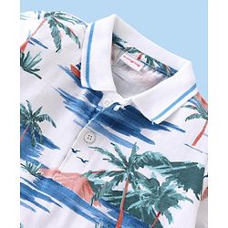 Babyhug Cotton Knit Half Sleeves Polo T-Shirt With Tropical Island Print - White