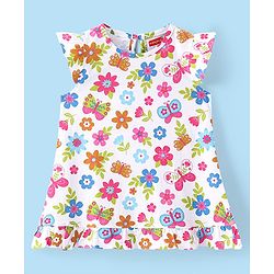 Babyhug Single Jersey Cap Sleeves Nighty Floral & Butterfly Print - White