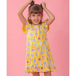 Babyhug Cotton Knit Frill Sleeves Nighty With Candy Print - Yellow