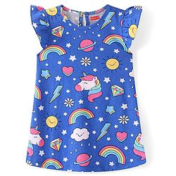 Babyhug Cotton Knit Frill Sleeves Nighty Unicorn Print - Blue