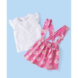 Babyhug Cotton Knit Half Sleeves Tops & Floral Print Skirt - White & Pink