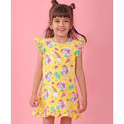 Babyhug Cotton Knit Sleeveless Nighty Unicorn & Watermelon Print - Yellow