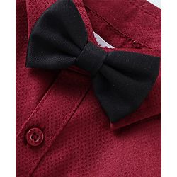 Babyhug Full Sleeves Party Wear Dobby Shirt & Trousers Set with Bow & Suspender - Maroon