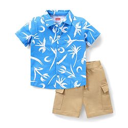 Babyhug Single Jersey Half Sleeves Shirt & Shorts Set Leaf Print - Blue & Beige