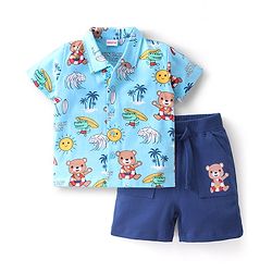 Babyhug Single Jersey Knit Half Sleeves Shirt & Shorts Set Beach Theme Blue