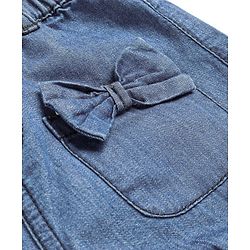 Babyhug Cotton Mid Thigh Denim Washed Shorts With Bow Applique - Dark Blue