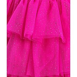 Babyhug Woven Half Sleeves Layered Party Dress with Floral Applique - Dark Pink