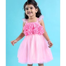 Babyhug Sleeveless Party Wear Fit And Flare Ruffle Dress With Corsage - Pink
