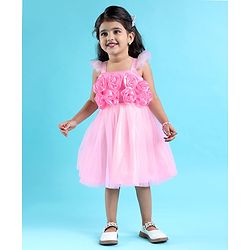Babyhug Sleeveless Party Wear Fit And Flare Ruffle Dress With Corsage - Pink