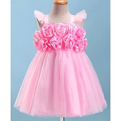 Babyhug Sleeveless Party Wear Fit And Flare Ruffle Dress With Corsage - Pink
