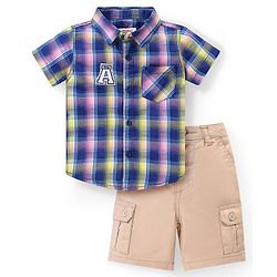Babyhug Cotton Woven Half Sleeves Checkered Shirt And Shorts Set - Blue & Beige