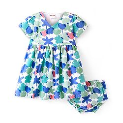 Babyhug Seer Sucker Woven Half Sleeves Floral Printed Frock with Bloomer - White