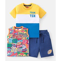 Babyhug Cotton Knit Half Sleeves T-Shirt With Inner Tee & Shorts Set With Color Block Print - Multicolor
