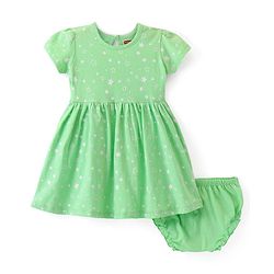 Babyhug Single Jersey Knit Half Sleeves Frock with Bloomer Star Print - Green