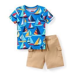 Babyhug Single Jersey Knit Half Sleeves T-Shirt & Shorts Set with Boat Print - Blue & Beige