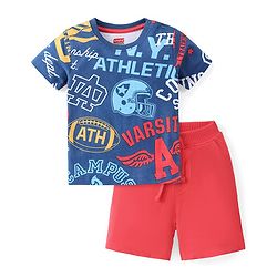 Babyhug Cotton Knit Half Sleeves T-Shirt & Shorts Set With Varsity Print - Blue