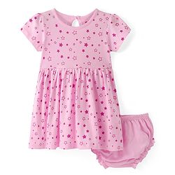 Babyhug Cotton Knit Half Sleeves Frock with Bloomer Star Print - Multicolour