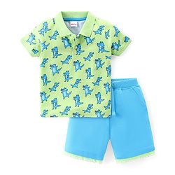 Babyhug Cotton Knit Half Sleeves Polo T-Shirt & Shorts Set With Dancing Croc Print - Green & Blue