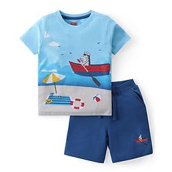 Babyhug Cotton Knit Half Sleeves Boat Printed T-Shirt & Shorts Set - Blue