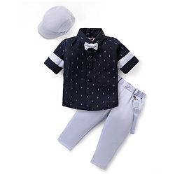 Babyhug Knit Full Sleeves Printed Party Shirt & Trousers with Cap Bow & Suspender - Navy Blue & Grey