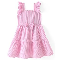 Babyhug Cotton Woven Frill Sleeves Frock with Bow Applique & Stripes - Pink