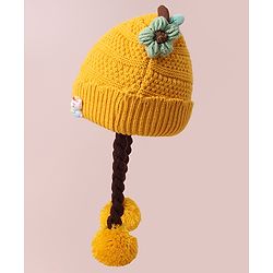 Babyhug Woollen Tie Knot Cap with Pom Pom - Yellow