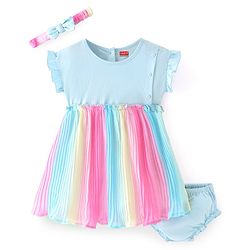 Babyhug Woven Frill Sleeves Frock with Bloomer & Headband - Multicolour