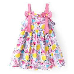 Babyhug Cambric Woven Sleeveless Frock Fruits Print and Bow Applique Pink (Bow Colour May Vary)