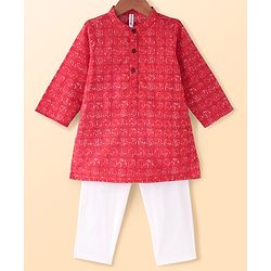 Babyhug Cambric Woven Full Sleeves Kurta Pyjama Set with Leaves Print - Red