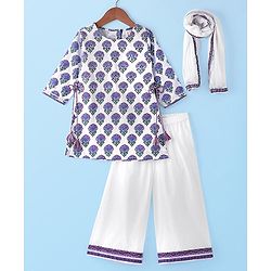 Babyhug Cotton Woven Three Fourth Sleeves Cambric Floral Printed Kurti Palazzo & Dupatta Set - White