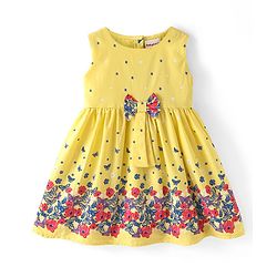 Babyhug Poplin Sleeveless Frock Floral and Butterfly Print with Bow Applique - Yellow