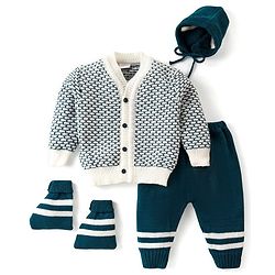 Babyhug Knit Full Sleeves All Over Design Hooded Sweater & Pant Set with Cap and Booties - Navy