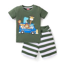 Babyhug Cotton Knit Half Sleeves Jungle Safari Print T-Shirt & Shorts Set - Green