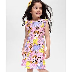 Babyhug Disney Cotton Jersey Frill Sleeves Frock With Winnie the Pooh All Over Print - Multicolor