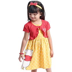 Babyhug Disney Cotton Knit Winnie The Pooh Graphics Frock with Half Sleeves Shrug & Headband - Red & Yellow