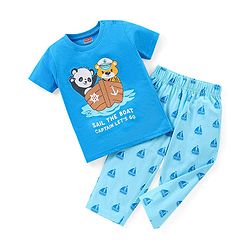 Babyhug Single Jersey Knit Half Sleeves Night Suit Animal Print - Blue