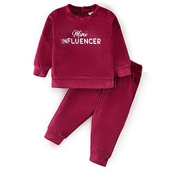 Babyhug Velour Woven Full Sleeves Winter Wear Suit With Text Embroidery - Maroon