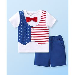 Babyhug Single Jersey Knit Half Sleeves T-Shirt with Bow Detailing & Attached Waist Coat with Shorts Set Striped & Star Print - Multicolour