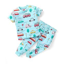 Babyhug Cotton Knit Half Sleeves Vehicles Printed Night Suit - Blue
