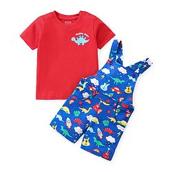 Babyhug Single Jersey Knit Dungaree & Half Sleeves T-Shirt Dino Print - Red & Blue