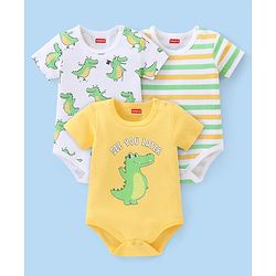 Babyhug 100% Cotton Knit Half Sleeves Striped & Crocodile Printed Onesies Pack of 3 - Yellow White & Green