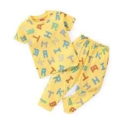 Babyhug Cotton Knit Half Sleeves Alphabets Printed Night Suit - Yellow